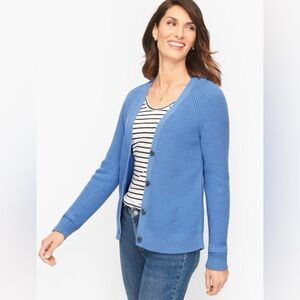 NWOT Talbots Petite Large Blue Shaker Stitch Button Front Cardigan Sweater